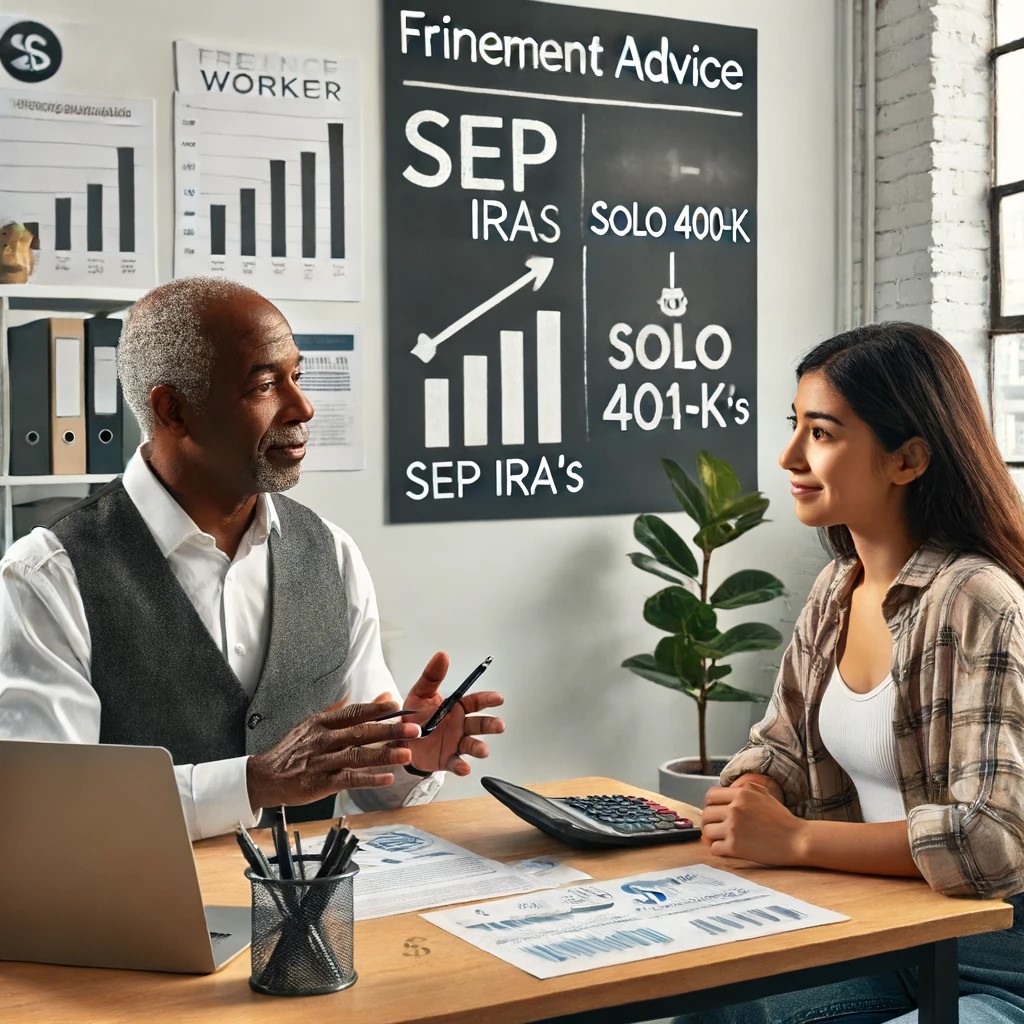 DALL·E 2024-06-15 20.46.18 - A financial advisor providing consultation to a gig worker in a modern office setting. The advisor, a middle-aged African American man, is discussing 