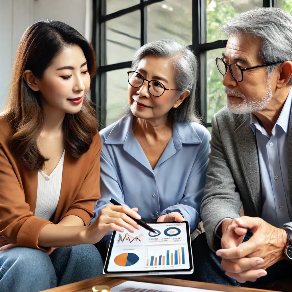 DALL·E 2024-06-15 18.25.15 - A financial planning meeting between a retirement advisor and an elderly couple in a cozy office. The advisor, a middle-aged Caucasian woman, is showi