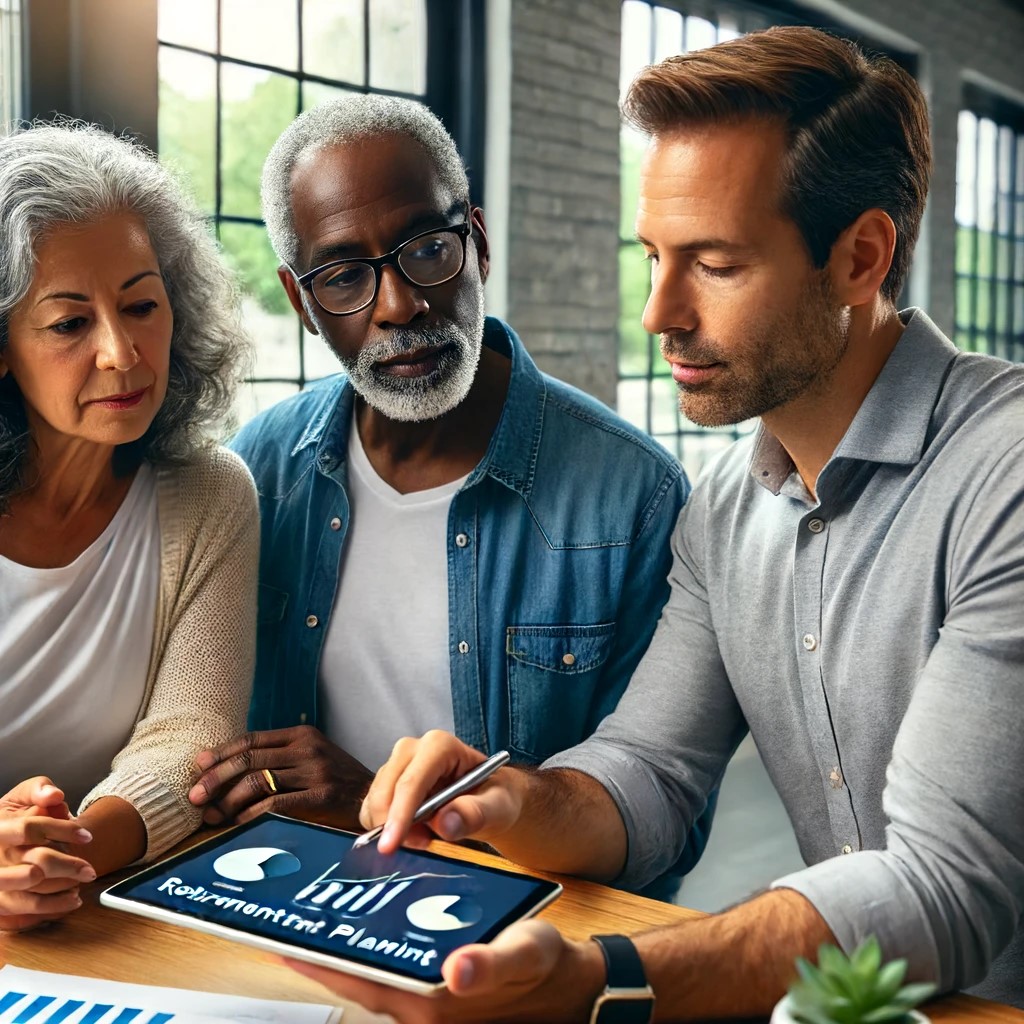 DALL·E 2024-06-15 18.25.44 - A mature couple consulting with a financial advisor in a modern office. The advisor, a middle-aged Caucasian male, is showing them retirement planning