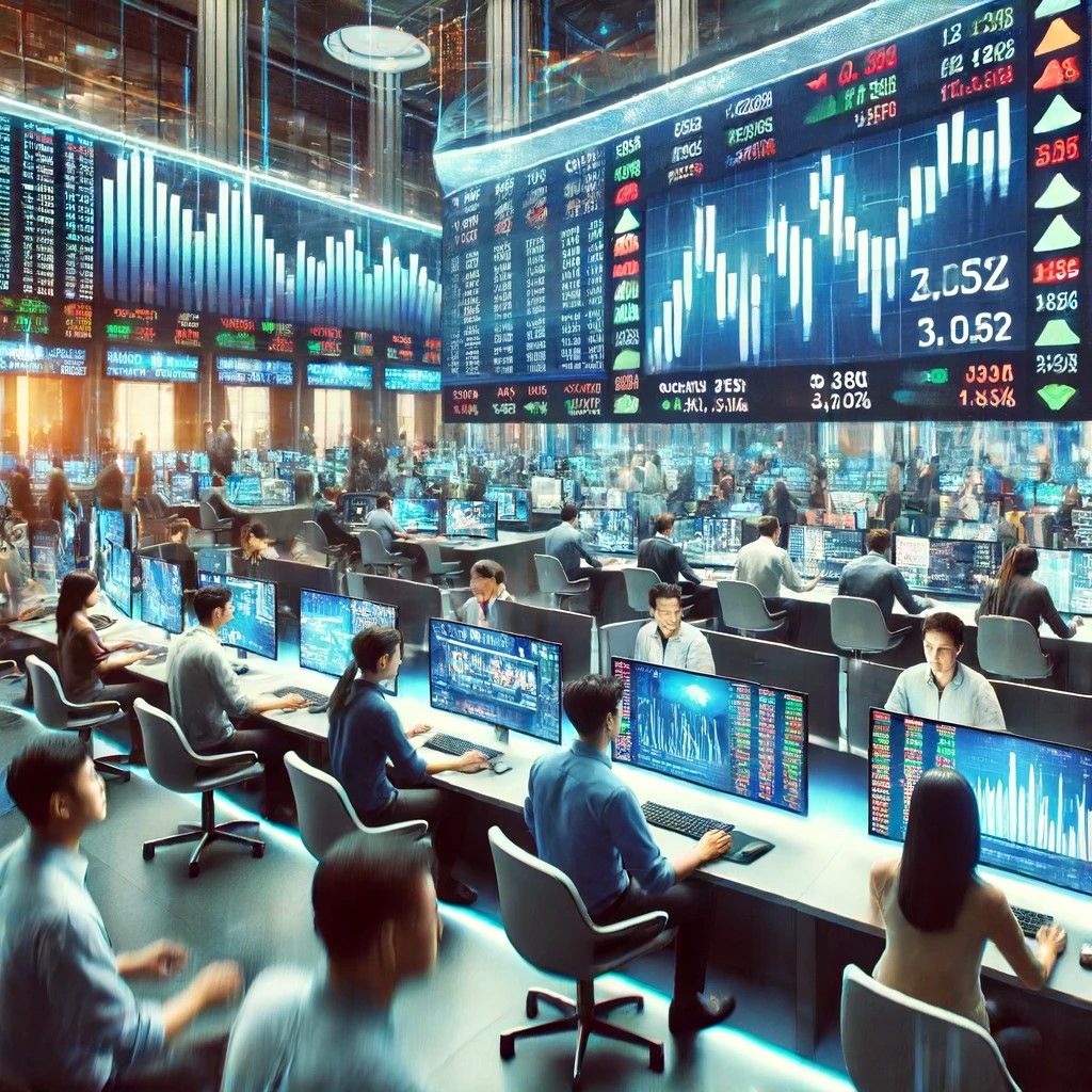 DALL·E 2024-06-18 21.12.06 - A modern stock exchange floor where traders are actively buying and selling consumer goods stocks. The scene is bustling with energy, showing diverse 